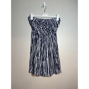 Tart Collections Strapless Mini Dress Navy White Abstract Stripe Ruched Large